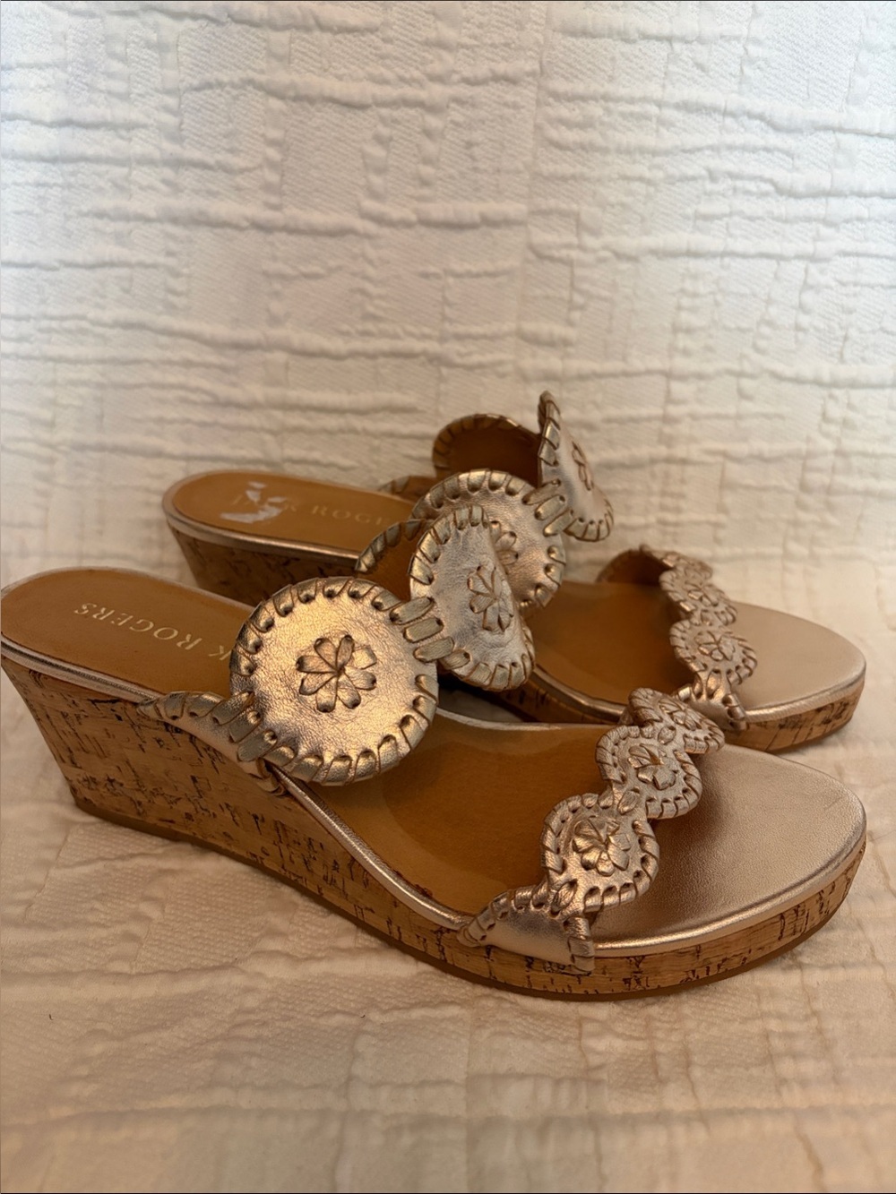 Jack Rogers NWOB Metallic Gold Cork Wedge Sandals -Sz 8.5